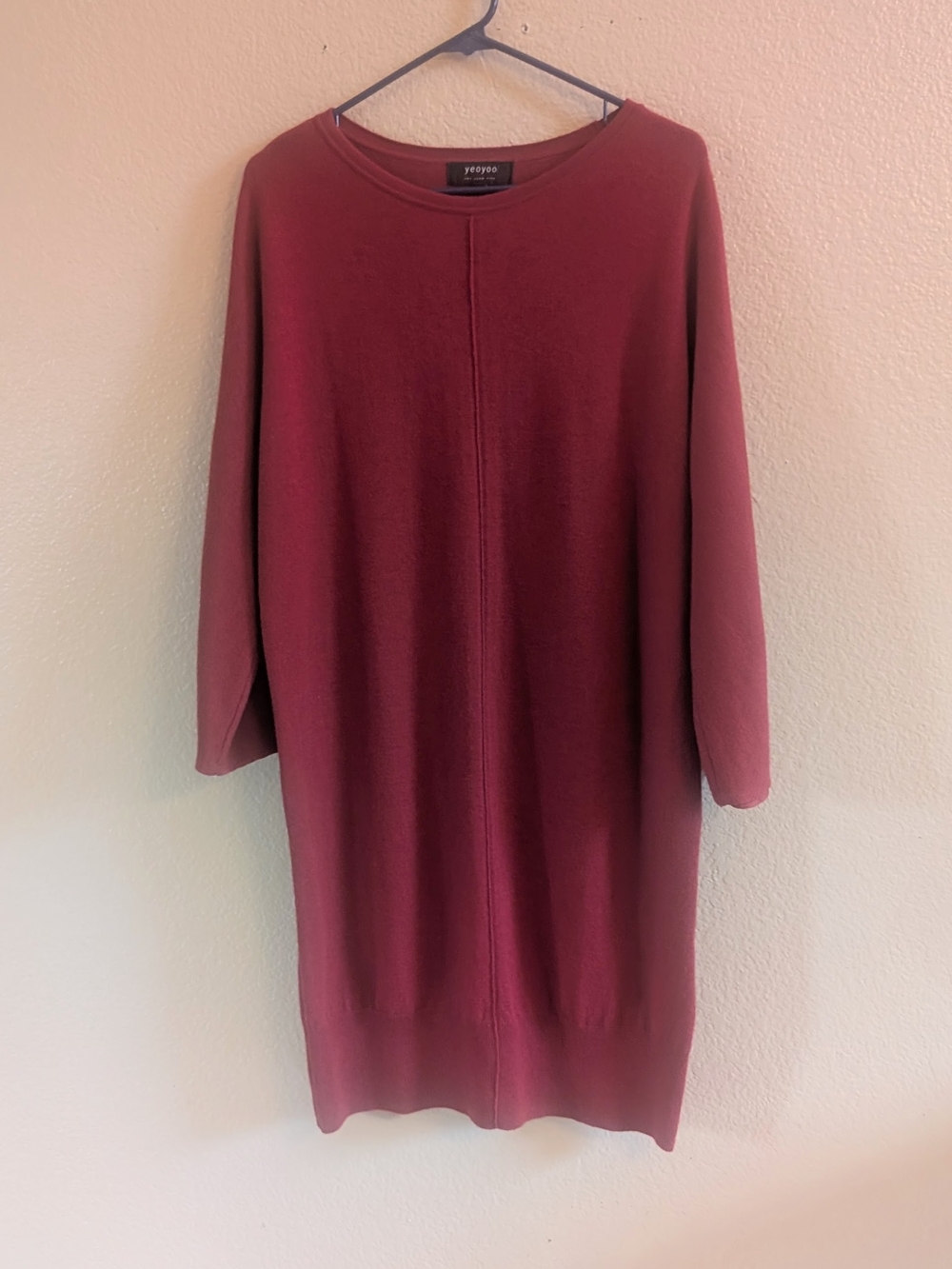 Yeoyoo The Slow Life 100% Wool Fine Onit Sweater Dress Burgandy Red 3/4 Sleeve L